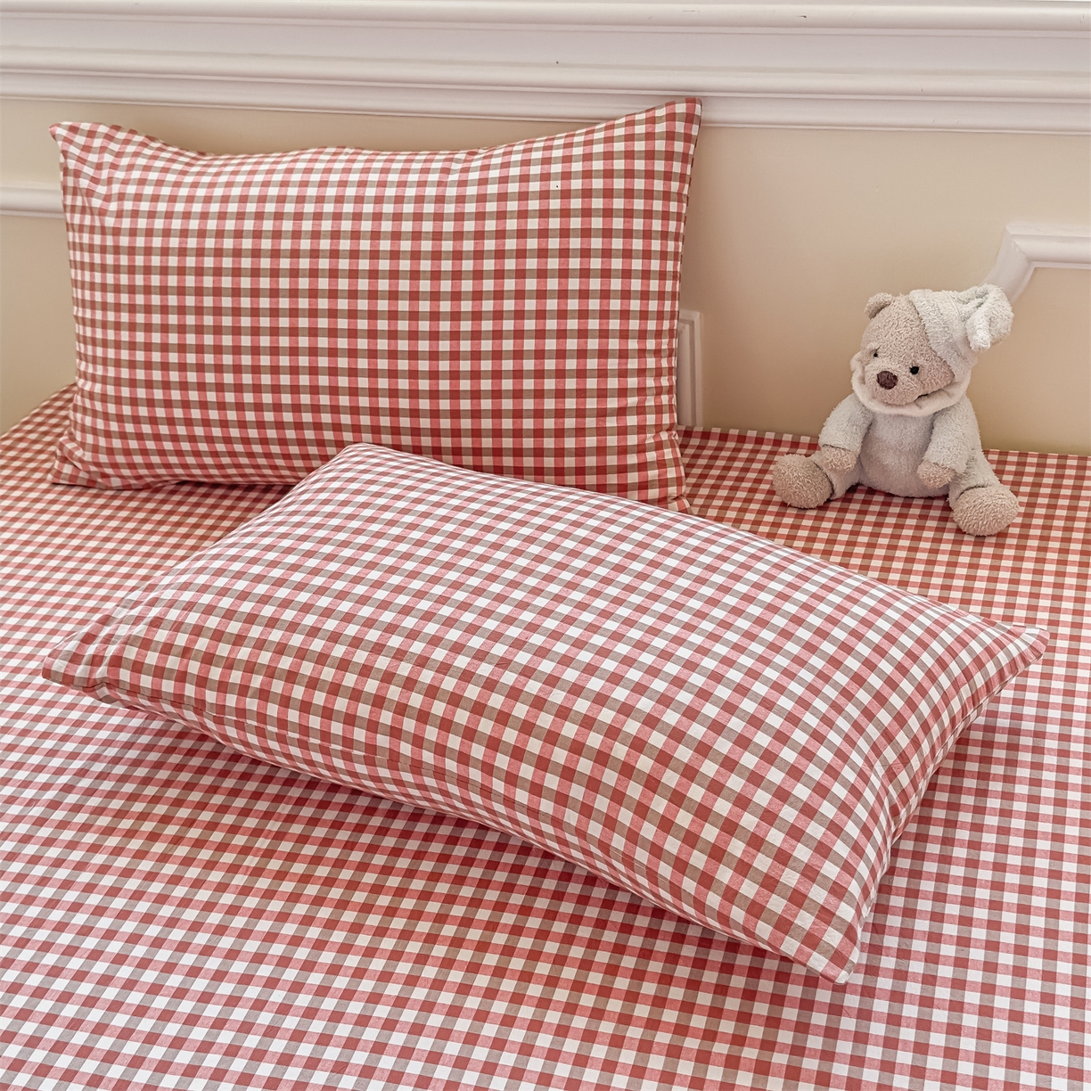 91家纺网 家纺一手货源 找家纺 菡宝 2025新款全棉纯棉色织水洗棉单品系列单枕套枕套单品 橘红小格