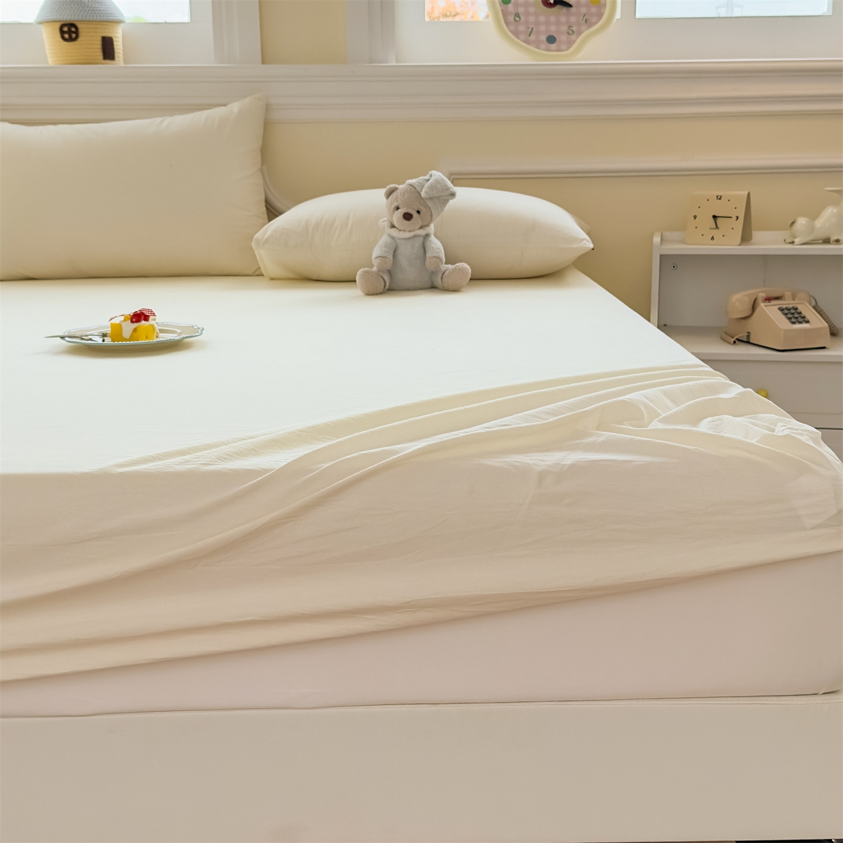 91家纺网 家纺一手货源 找家纺 菡宝 2025新款全棉纯棉色织水洗棉单单床笠 米白青年