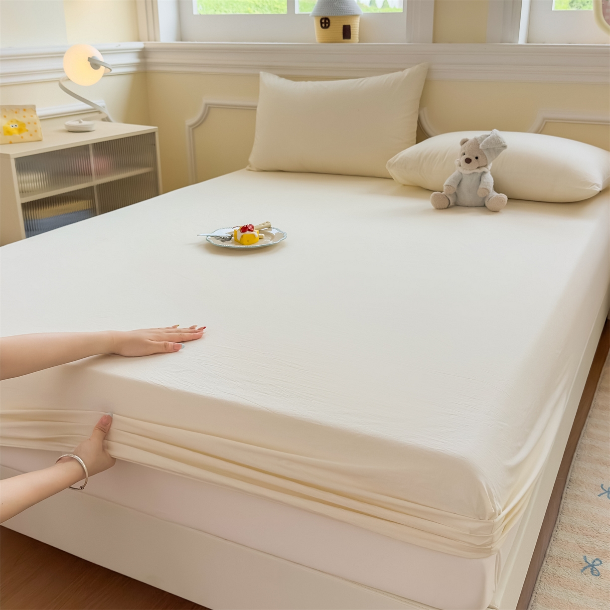 91家纺网 家纺一手货源 找家纺 菡宝 2025新款全棉纯棉色织水洗棉单单床笠 米白青年