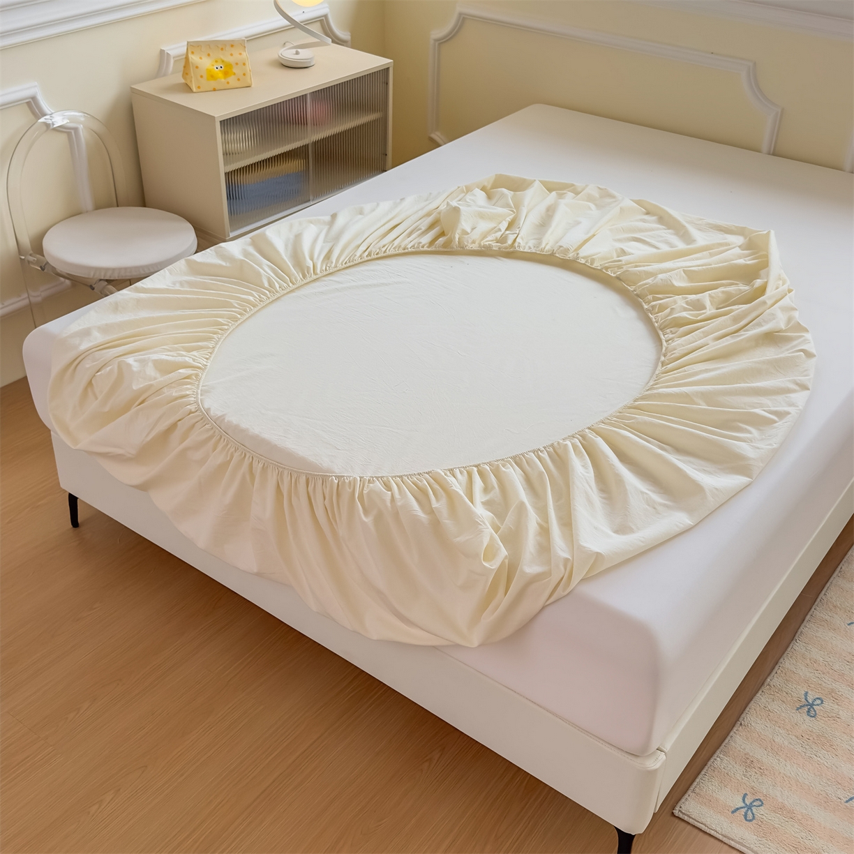 91家纺网 家纺一手货源 找家纺 菡宝 2025新款全棉纯棉色织水洗棉单单床笠 米白青年