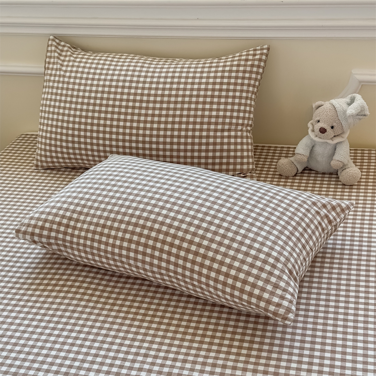 91家纺网 家纺一手货源 找家纺 菡宝 2025新款全棉纯棉色织水洗棉单品系列单枕套枕套单品 棕小格