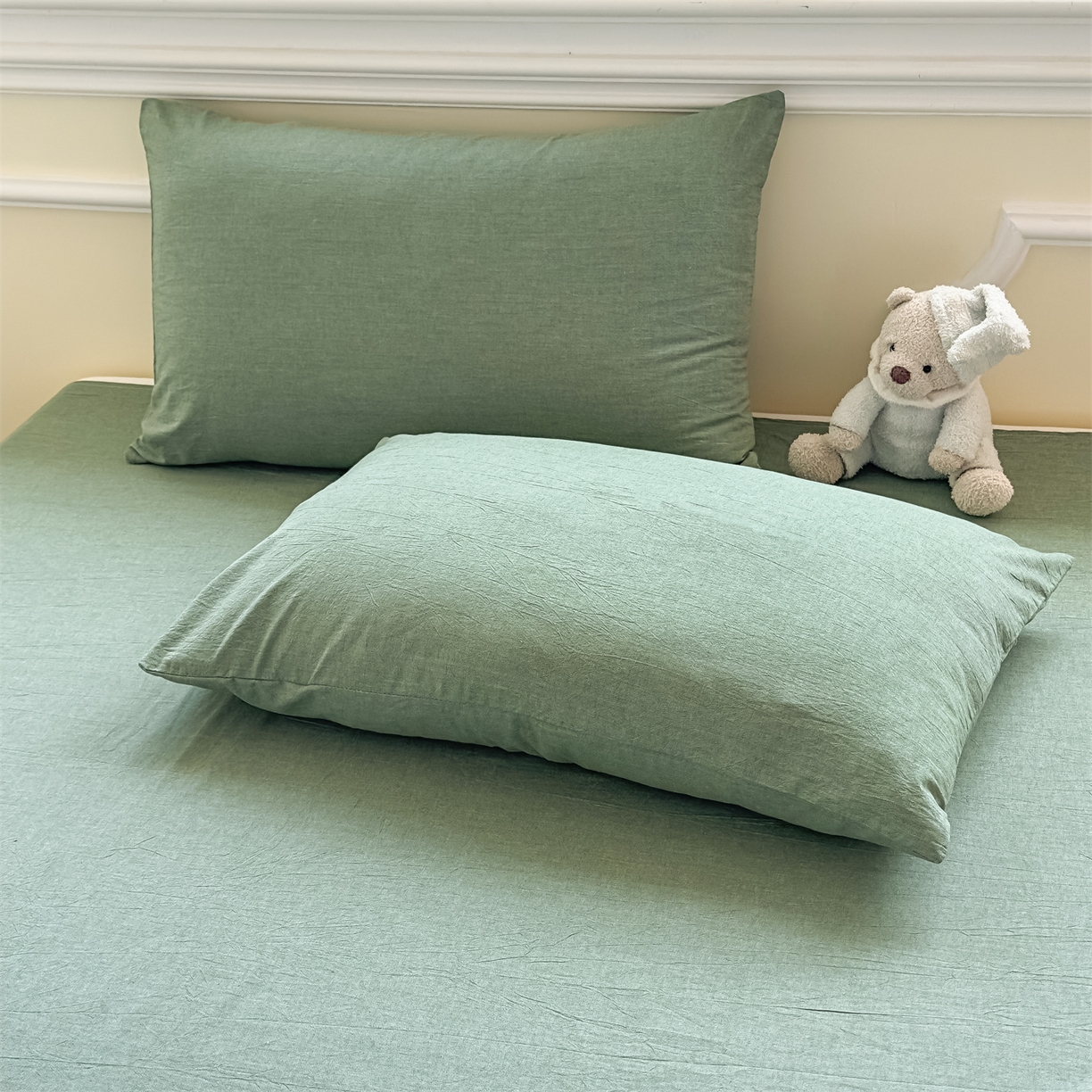 91家纺网 家纺一手货源 找家纺 菡宝 2025新款全棉纯棉色织水洗棉单品系列单枕套枕套单品 绿色青年