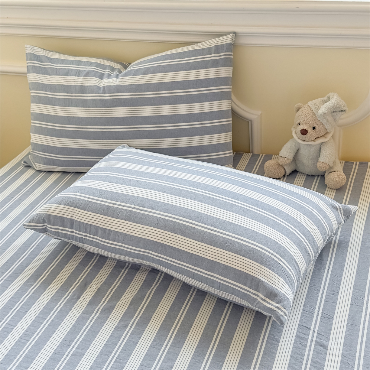 91家纺网 家纺一手货源 找家纺 菡宝 2025新款全棉纯棉色织水洗棉单品系列单枕套枕套单品 海盐蓝条