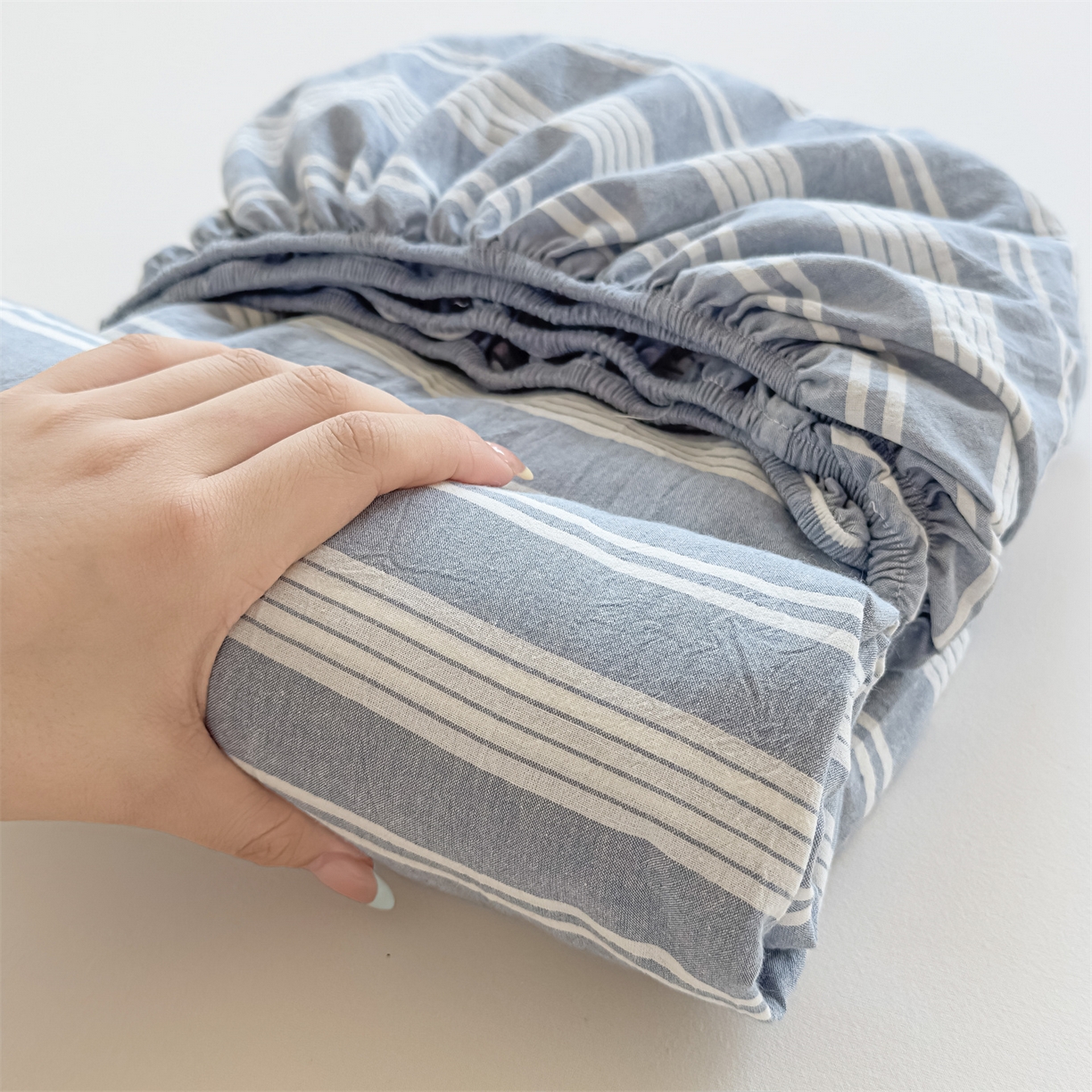 菡宝 2025新款全棉纯棉色织水洗棉单单床笠 海盐蓝条