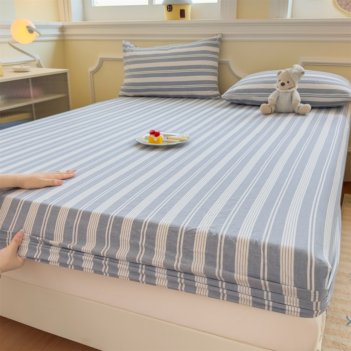 91家纺网 家纺一手货源 找家纺 菡宝 2025新款全棉纯棉色织水洗棉单单床笠 海盐蓝条