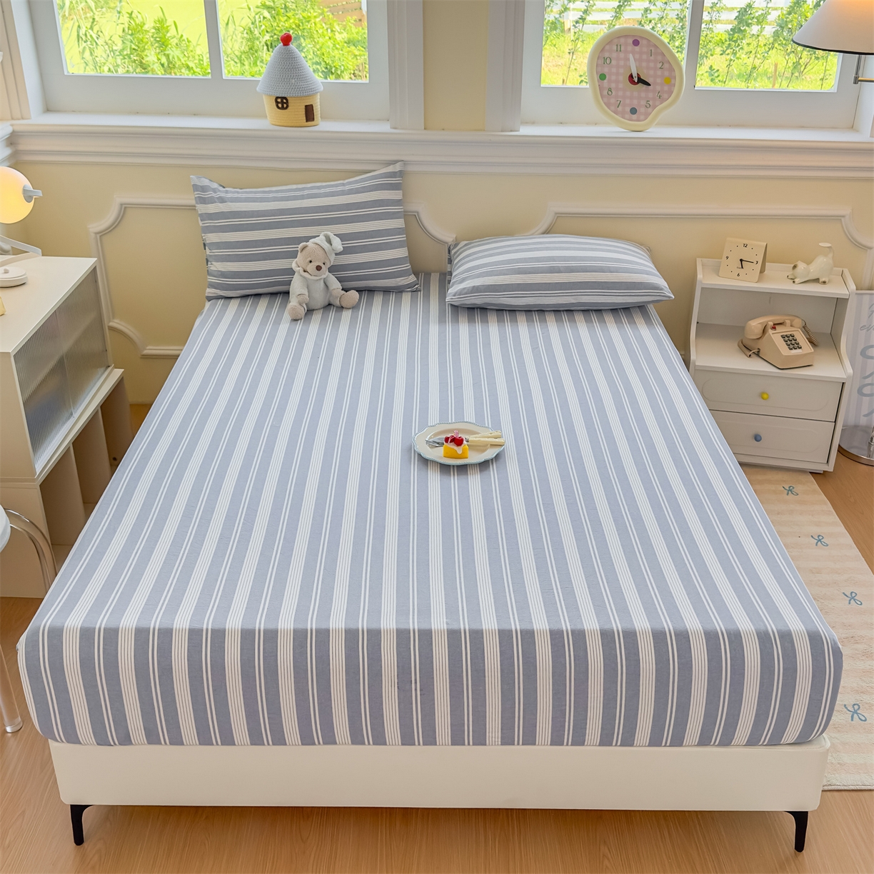 91家纺网 家纺一手货源 找家纺 菡宝 2025新款全棉纯棉色织水洗棉单单床笠 海盐蓝条