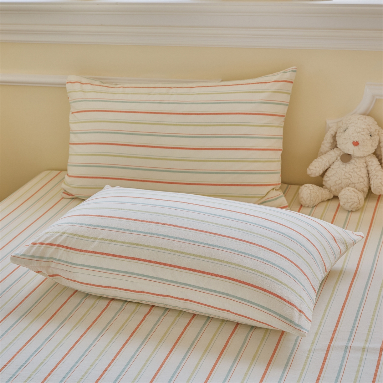 91家纺网 家纺一手货源 找家纺 菡宝 2025新款全棉纯棉色织水洗棉单品系列单枕套枕套单品 且乐绿青年