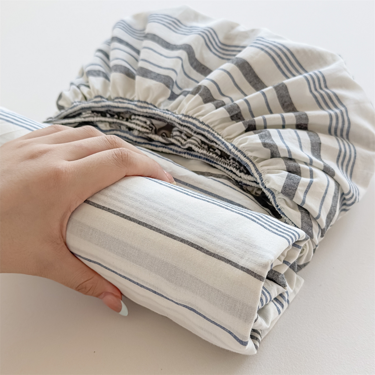 菡宝 2025新款全棉纯棉色织水洗棉单单床笠 漫幽灰蓝条