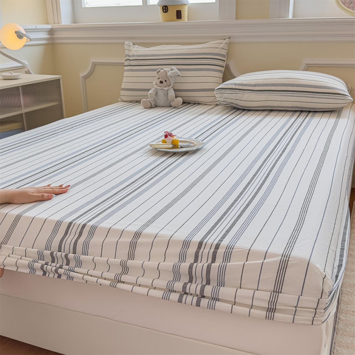 91家纺网 家纺一手货源 找家纺 菡宝 2025新款全棉纯棉色织水洗棉单单床笠 漫幽灰蓝条