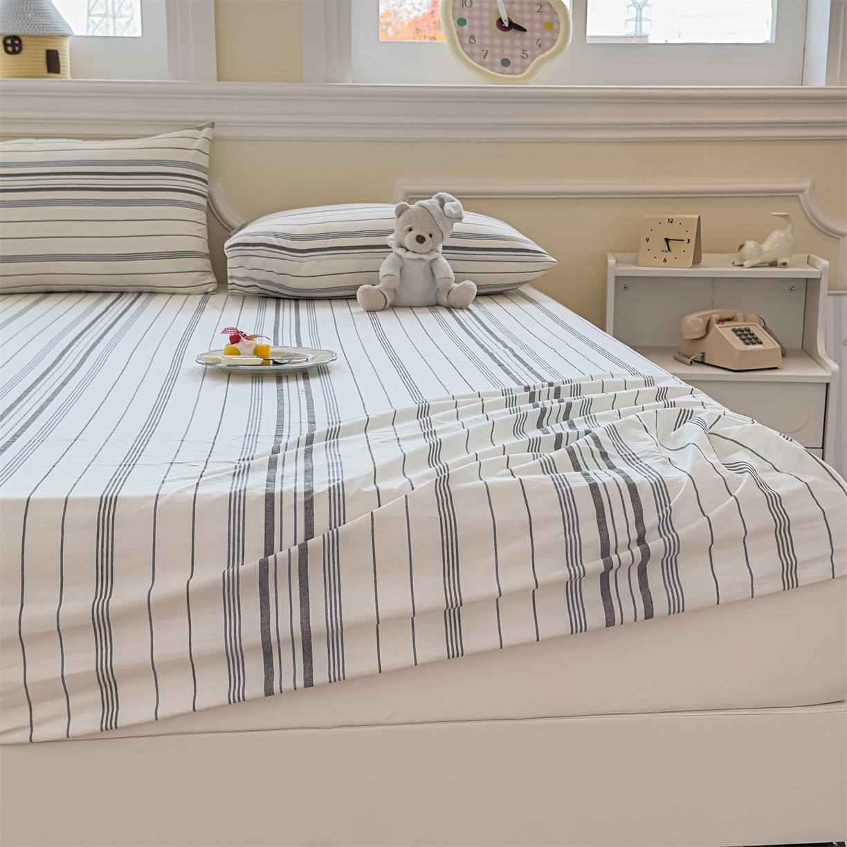 91家纺网 家纺一手货源 找家纺 菡宝 2025新款全棉纯棉色织水洗棉单单床笠 漫幽灰蓝条