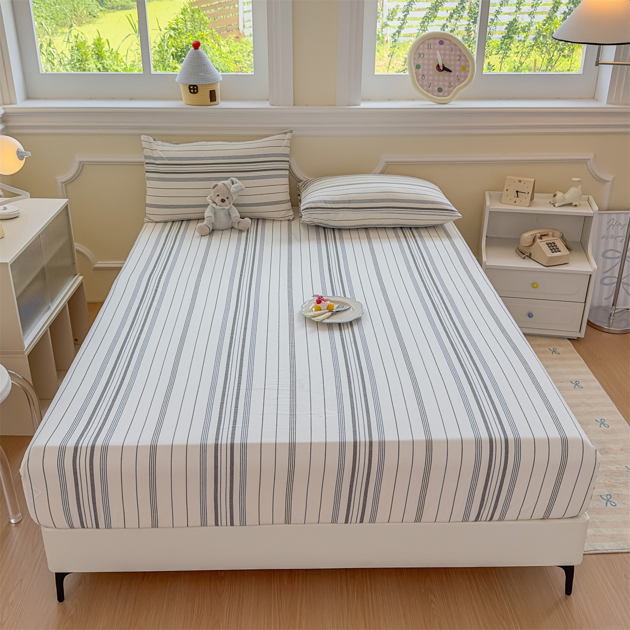 91家纺网 家纺一手货源 找家纺 菡宝 2025新款全棉纯棉色织水洗棉单单床笠 漫幽灰蓝条