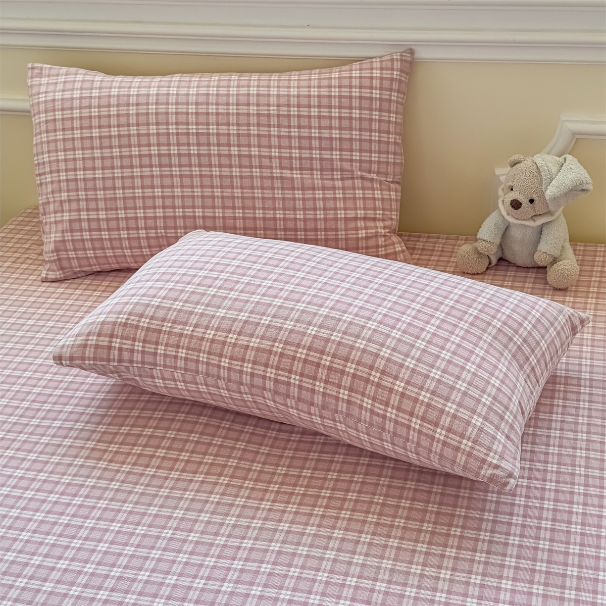 菡宝 2025新款全棉纯棉色织水洗棉单品系列单枕套枕套单品 粉格调