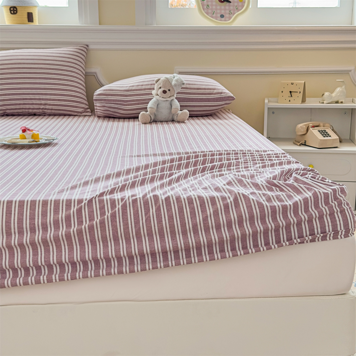 91家纺网 家纺一手货源 找家纺 菡宝 2025新款全棉纯棉色织水洗棉单单床笠 牧野魅影紫