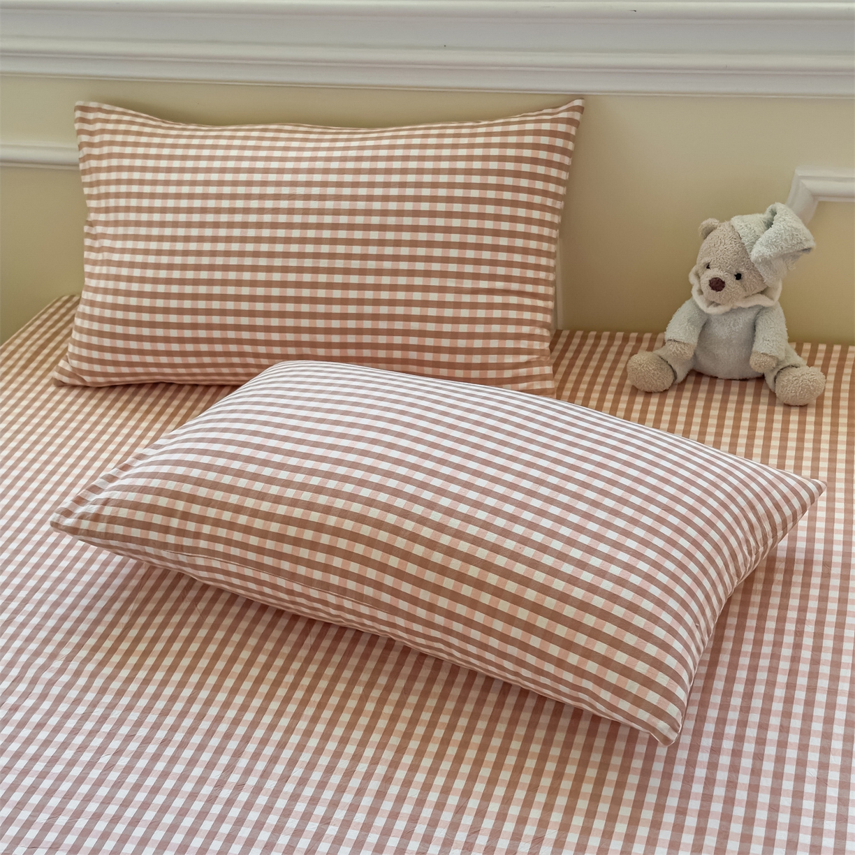 菡宝 2025新款全棉纯棉色织水洗棉单品系列单枕套枕套单品 粉小格