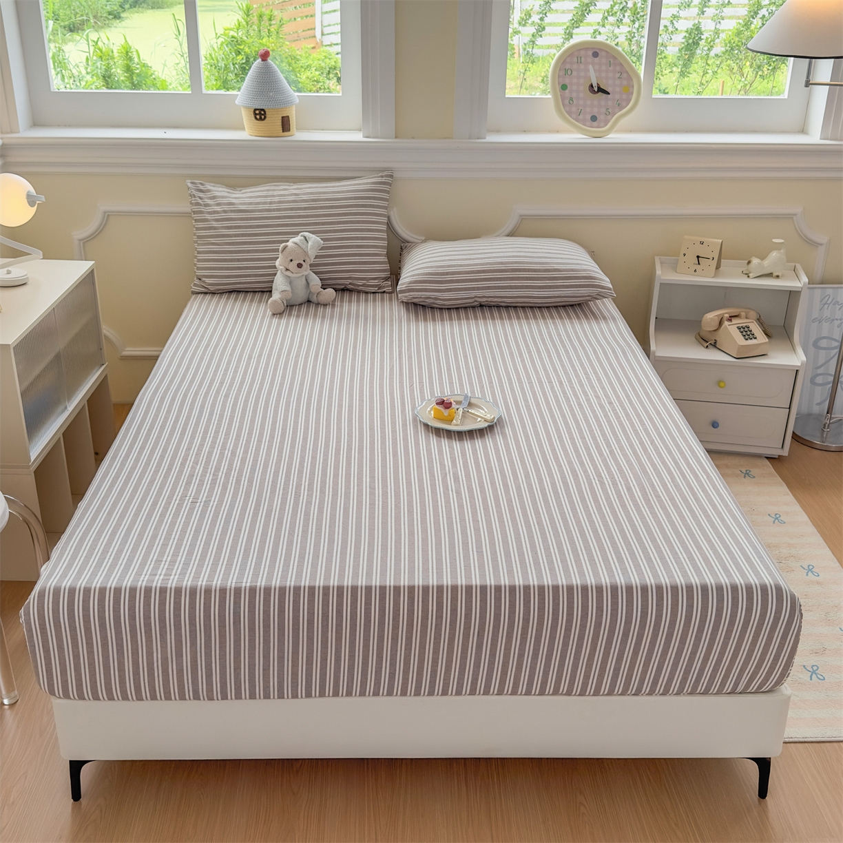 91家纺网 家纺一手货源 找家纺 菡宝 2025新款全棉纯棉色织水洗棉单单床笠 牧野米卡棕