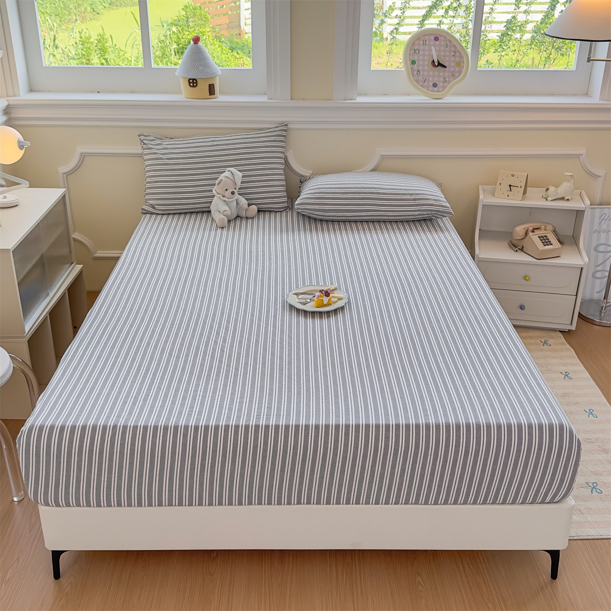 91家纺网 家纺一手货源 找家纺 菡宝 2025新款全棉纯棉色织水洗棉单单床笠 牧野绅士灰