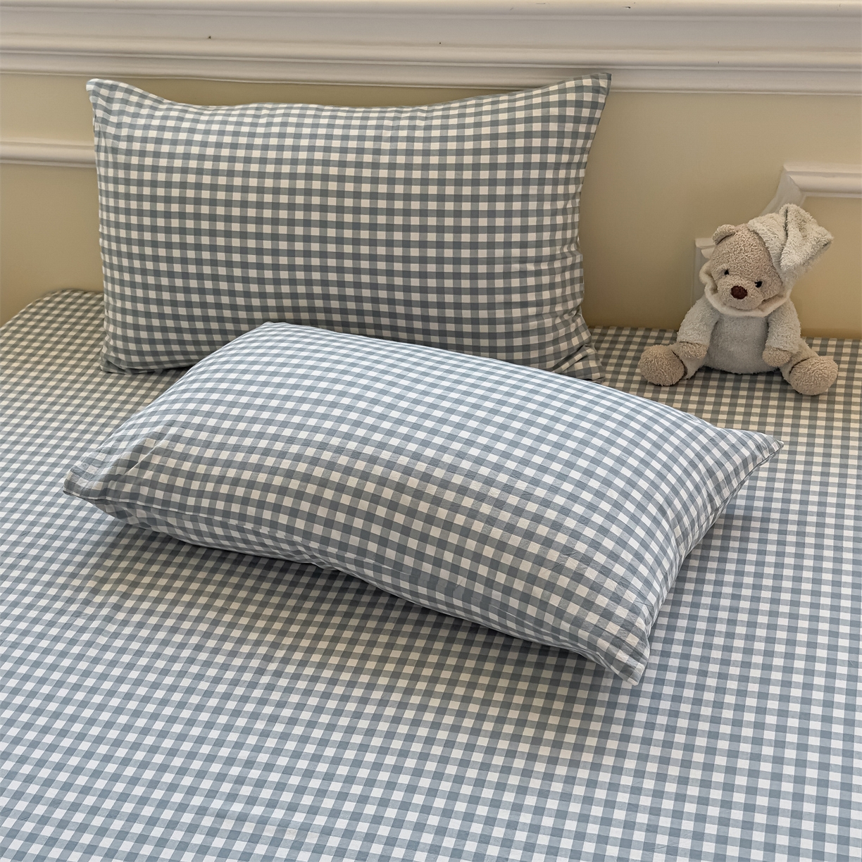 菡宝 2025新款全棉纯棉色织水洗棉单品系列单枕套枕套单品 蓝小格