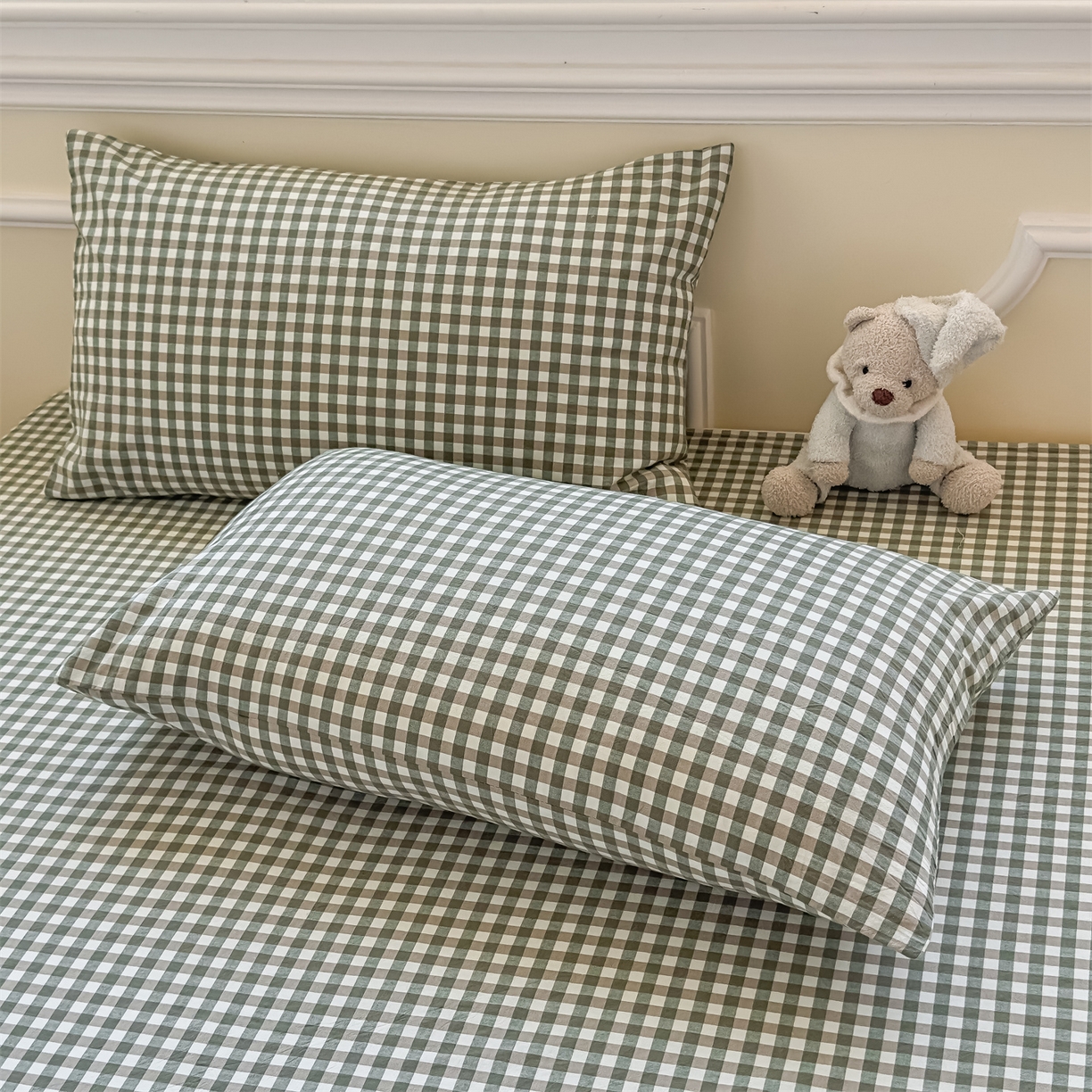 菡宝 2025新款全棉纯棉色织水洗棉单品系列单枕套枕套单品 绿小格