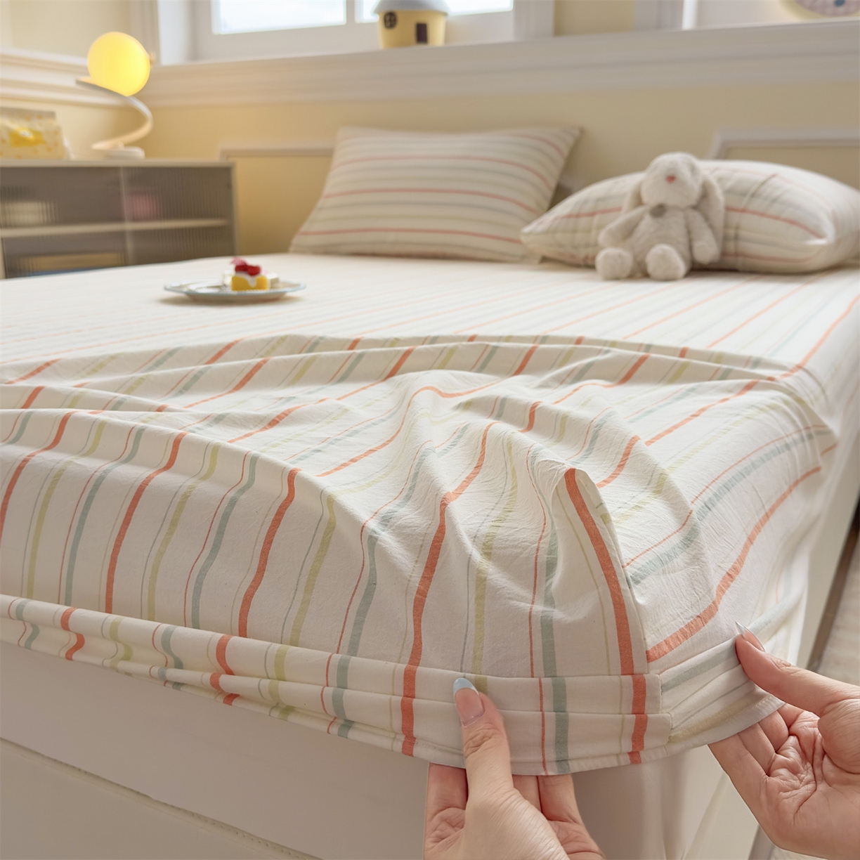 91家纺网 家纺一手货源 找家纺 菡宝 2025新款全棉纯棉色织水洗棉单单床笠 且乐绿青年