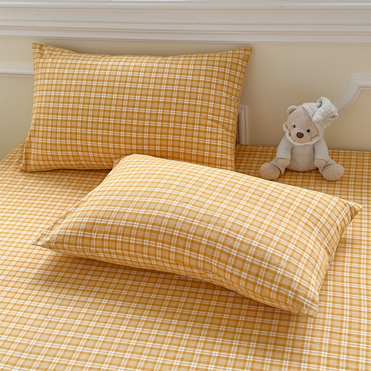 菡宝 2025新款全棉纯棉色织水洗棉单品系列单枕套枕套单品 黄格调