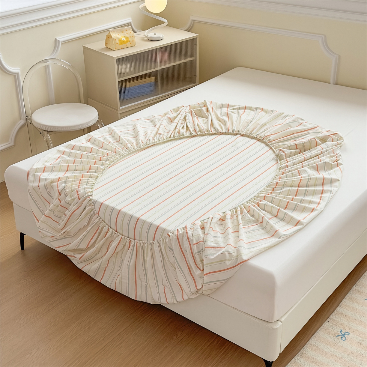 91家纺网 家纺一手货源 找家纺 菡宝 2025新款全棉纯棉色织水洗棉单单床笠 且乐绿青年