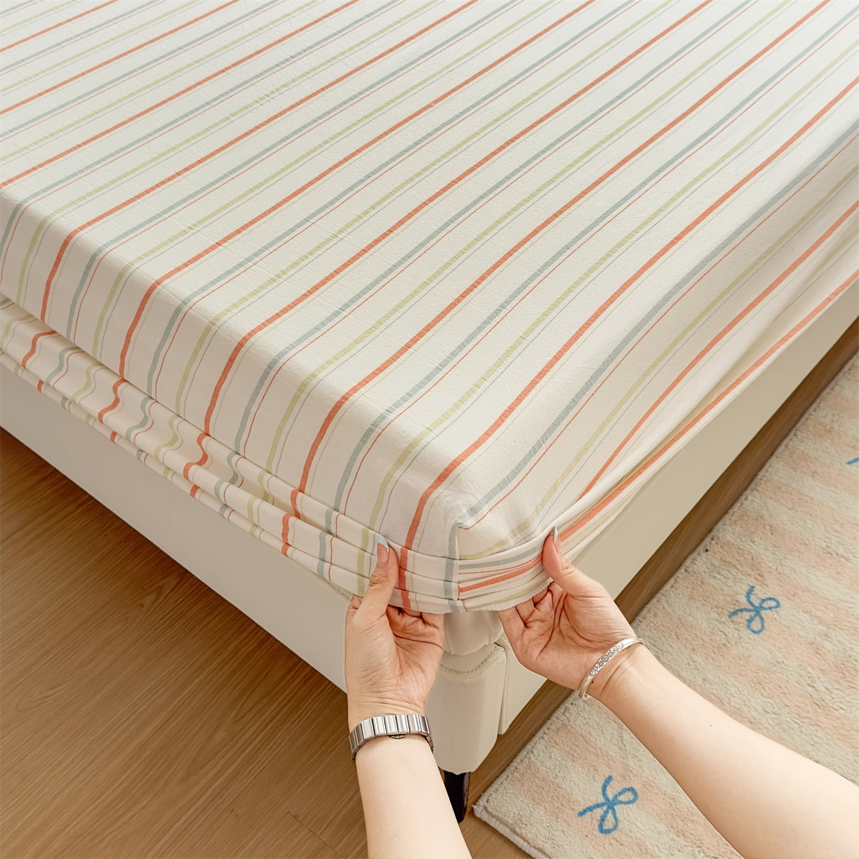 91家纺网 家纺一手货源 找家纺 菡宝 2025新款全棉纯棉色织水洗棉单单床笠 且乐绿青年