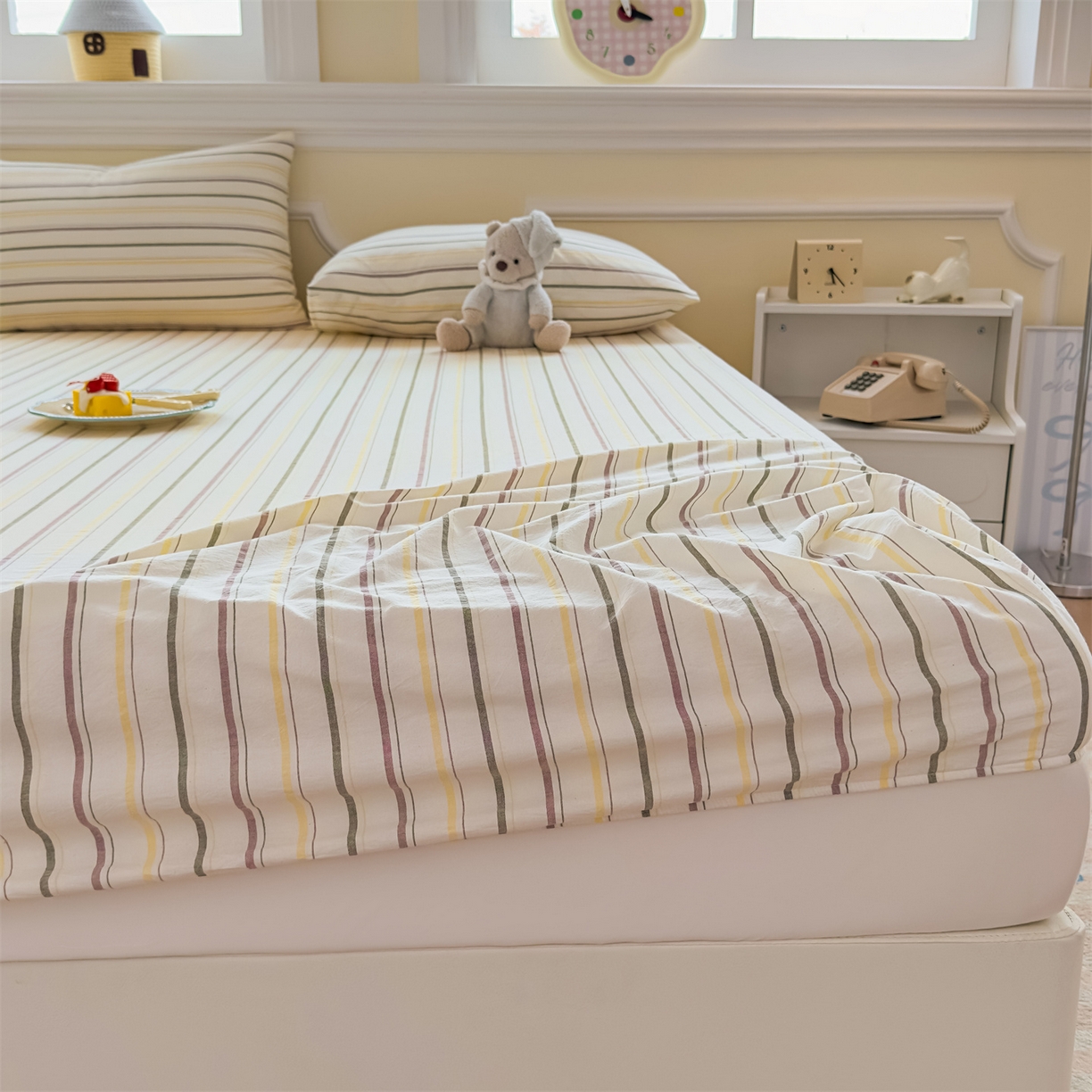 91家纺网 家纺一手货源 找家纺 菡宝 2025新款全棉纯棉色织水洗棉单单床笠 且乐紫青年