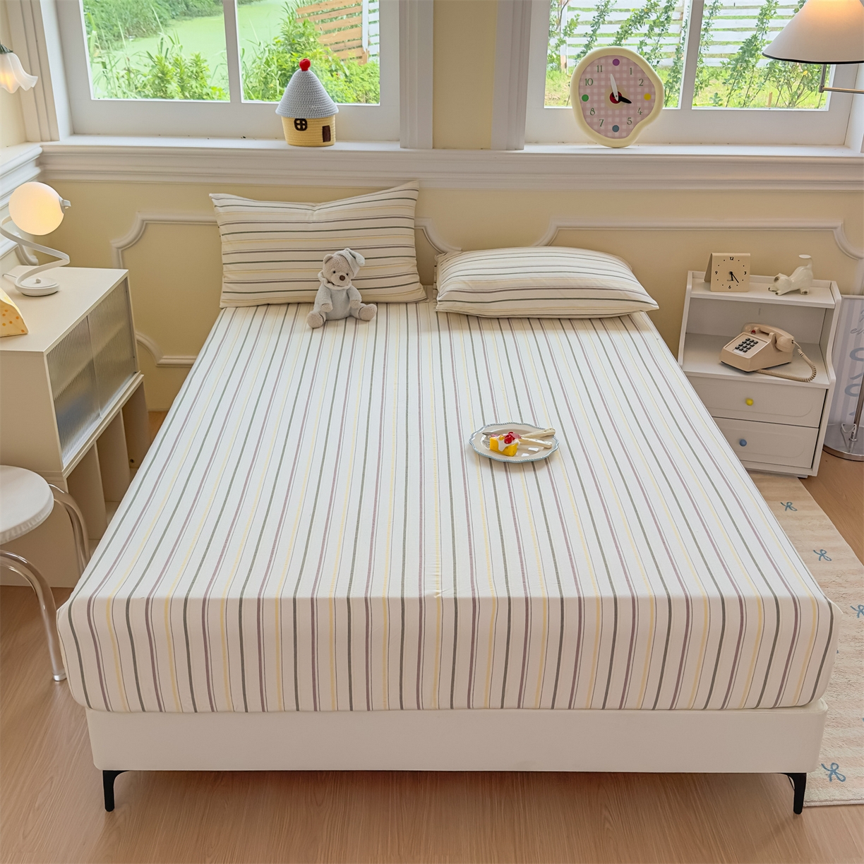 91家纺网 家纺一手货源 找家纺 菡宝 2025新款全棉纯棉色织水洗棉单单床笠 且乐紫青年