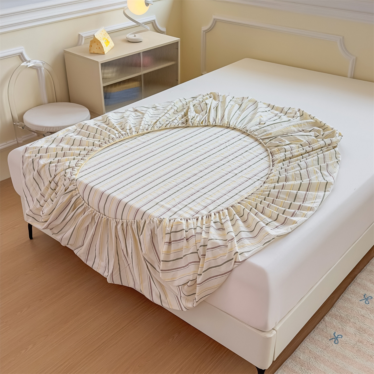 91家纺网 家纺一手货源 找家纺 菡宝 2025新款全棉纯棉色织水洗棉单单床笠 且乐紫青年