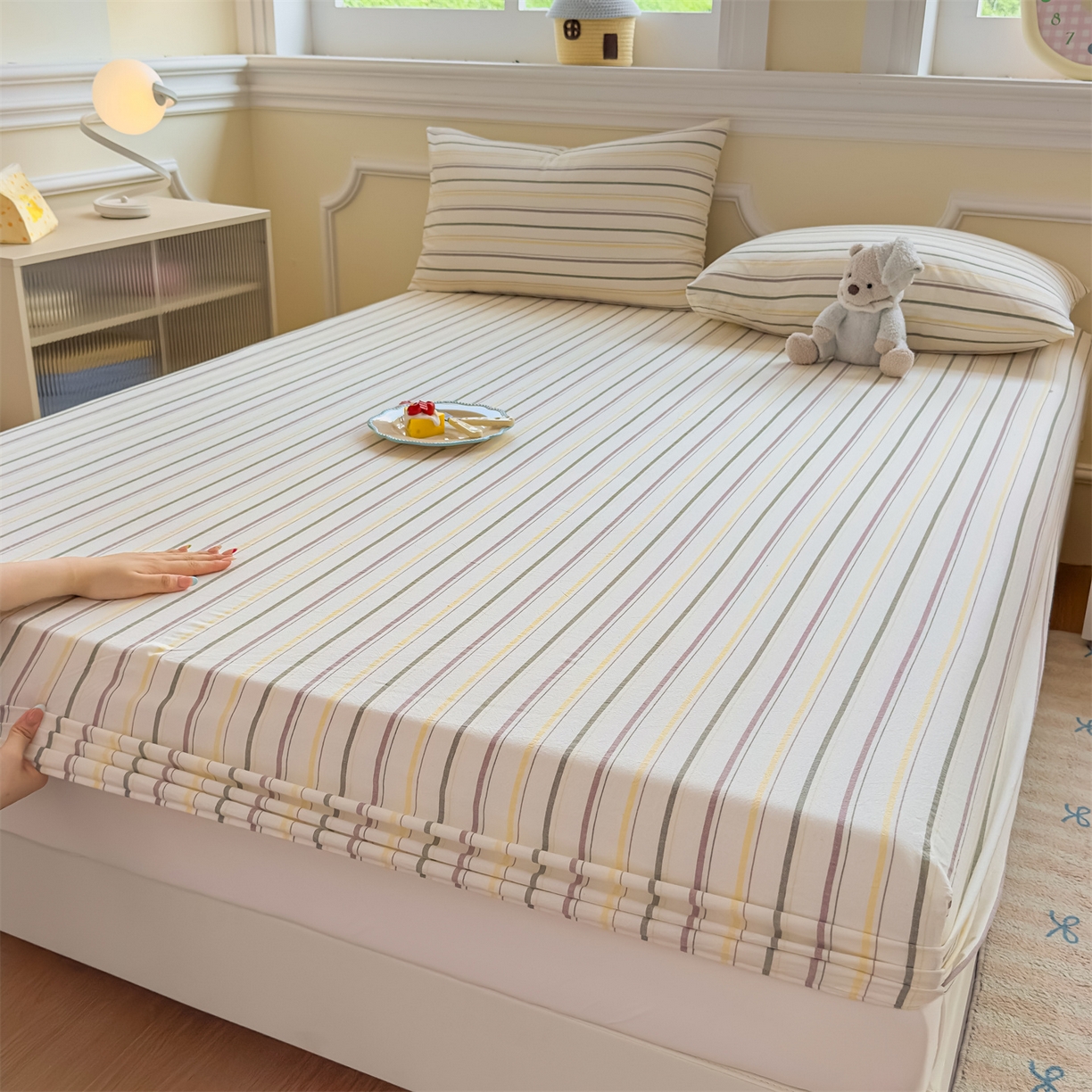 91家纺网 家纺一手货源 找家纺 菡宝 2025新款全棉纯棉色织水洗棉单单床笠 且乐紫青年