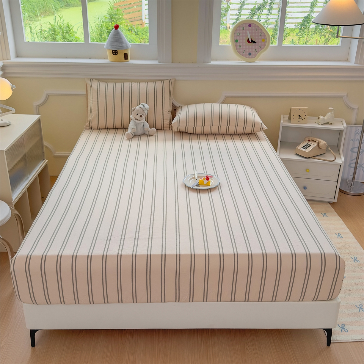 91家纺网 家纺一手货源 找家纺 菡宝 2025新款全棉纯棉色织水洗棉单单床笠 中古绿条