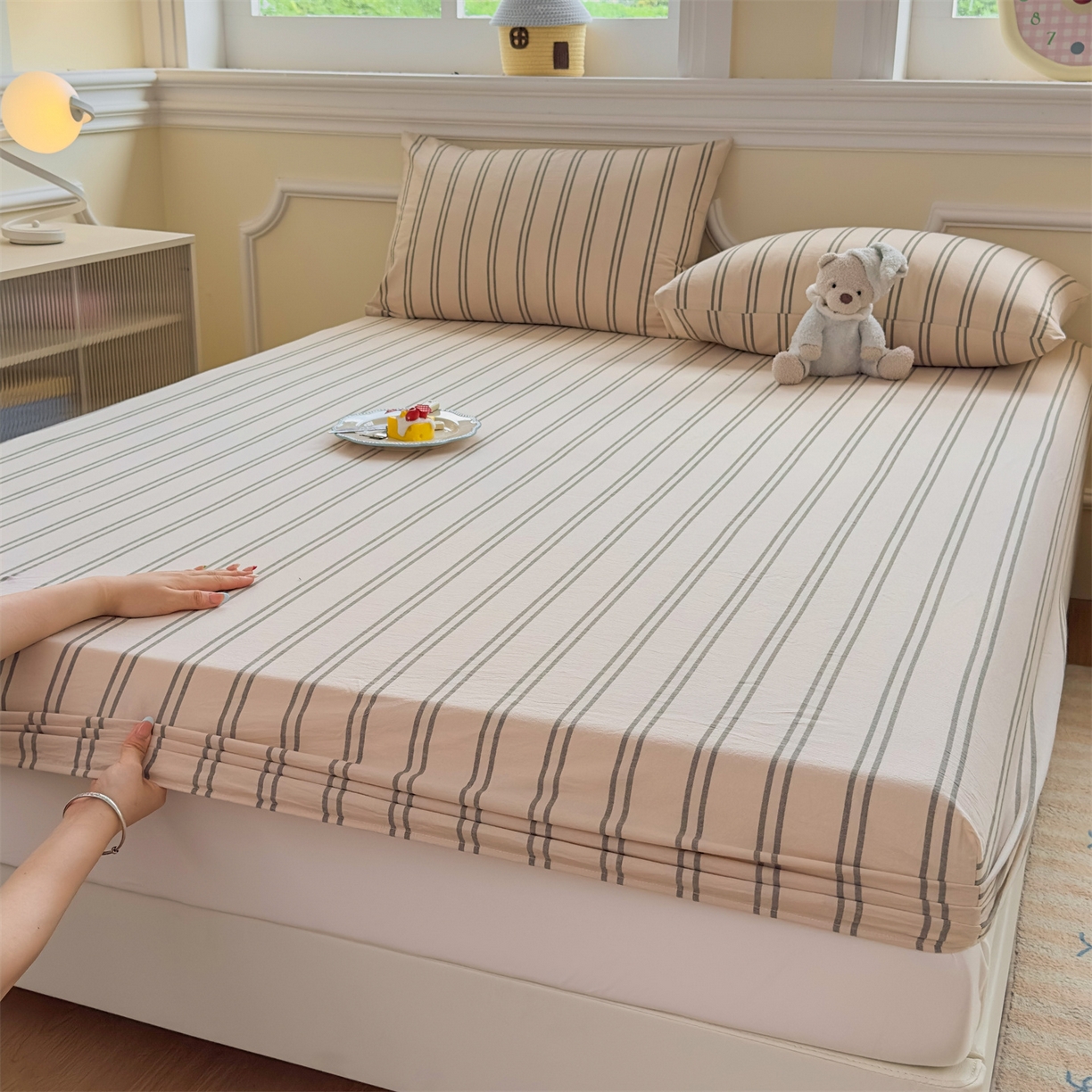 91家纺网 家纺一手货源 找家纺 菡宝 2025新款全棉纯棉色织水洗棉单单床笠 中古绿条