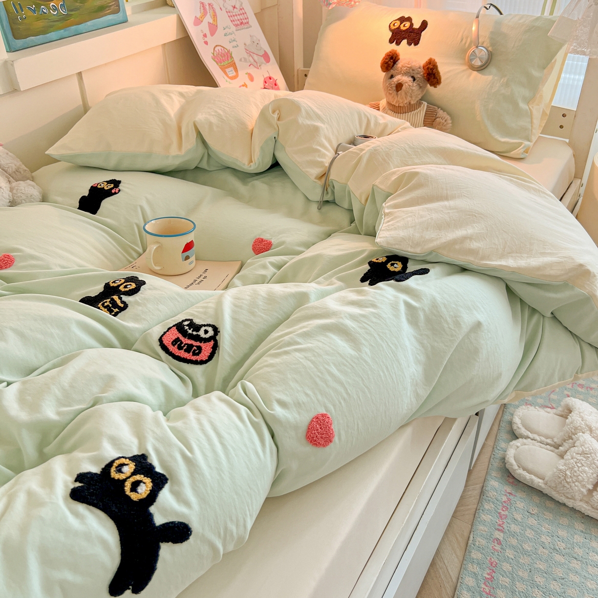 91家纺网 家纺一手货源 找家纺 韩巢家纺 2025新款学生宿舍寝室上下铺水洗棉毛巾绣被套床单三四件套-幸运猫 幸运猫浅绿黄