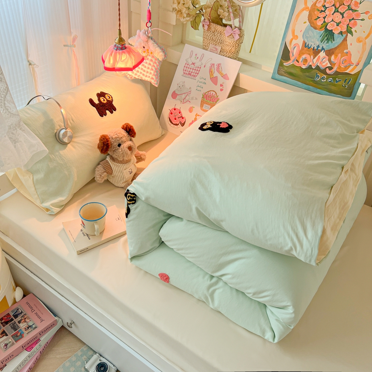 91家纺网 家纺一手货源 找家纺 韩巢家纺 2025新款学生宿舍寝室上下铺水洗棉毛巾绣被套床单三四件套-幸运猫 幸运猫浅绿黄