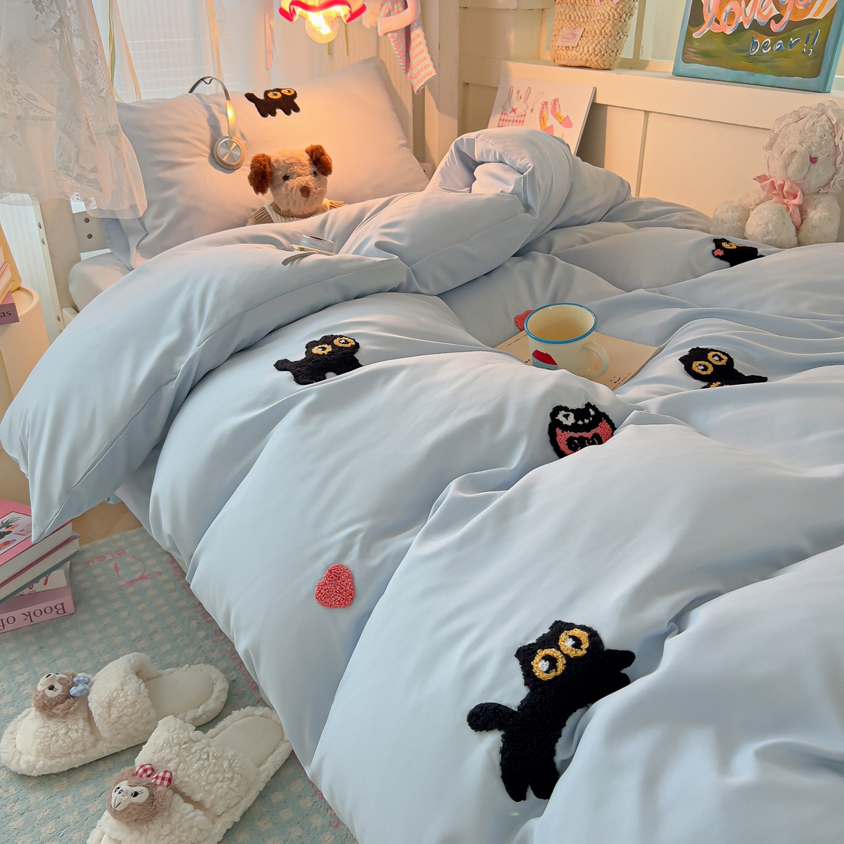 91家纺网 家纺一手货源 找家纺 （总）韩巢家纺 2025新款学生宿舍寝室上下铺水洗棉毛巾绣被套床单三四件套-幸运猫