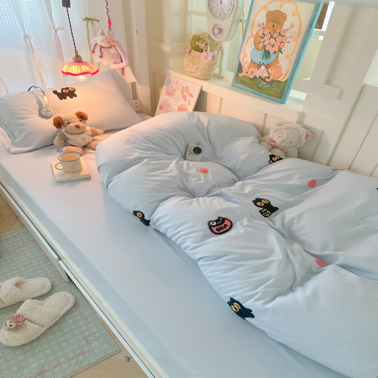 91家纺网 家纺一手货源 找家纺 （总）韩巢家纺 2025新款学生宿舍寝室上下铺水洗棉毛巾绣被套床单三四件套-幸运猫