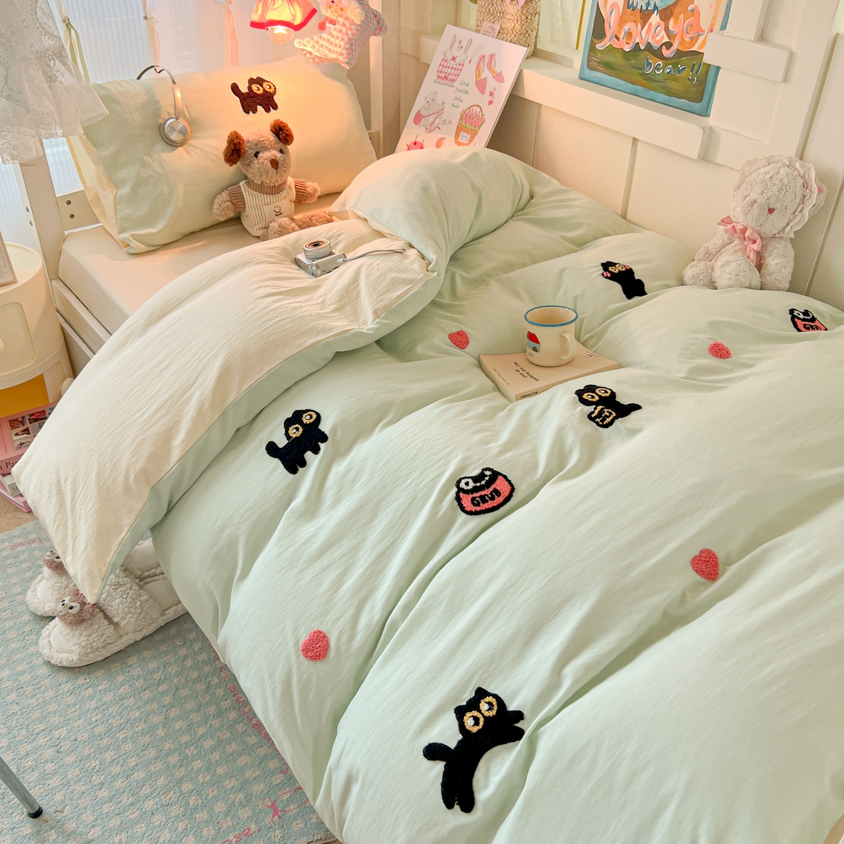 91家纺网 家纺一手货源 找家纺 韩巢家纺 2025新款学生宿舍寝室上下铺水洗棉毛巾绣被套床单三四件套-幸运猫 幸运猫浅绿黄