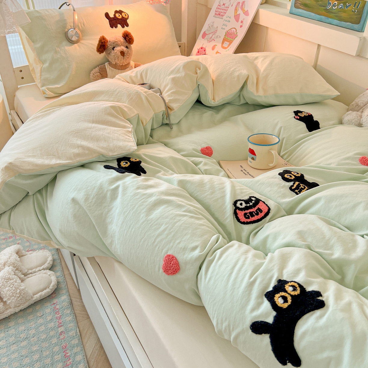 91家纺网 家纺一手货源 找家纺 （总）韩巢家纺 2025新款学生宿舍寝室上下铺水洗棉毛巾绣被套床单三四件套-幸运猫