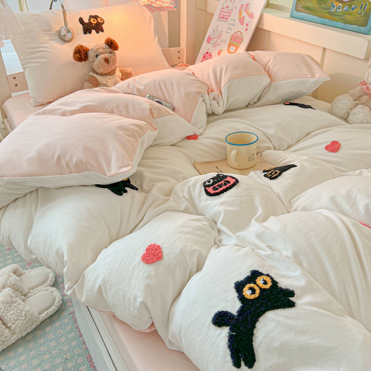 91家纺网 家纺一手货源 找家纺 （总）韩巢家纺 2025新款学生宿舍寝室上下铺水洗棉毛巾绣被套床单三四件套-幸运猫