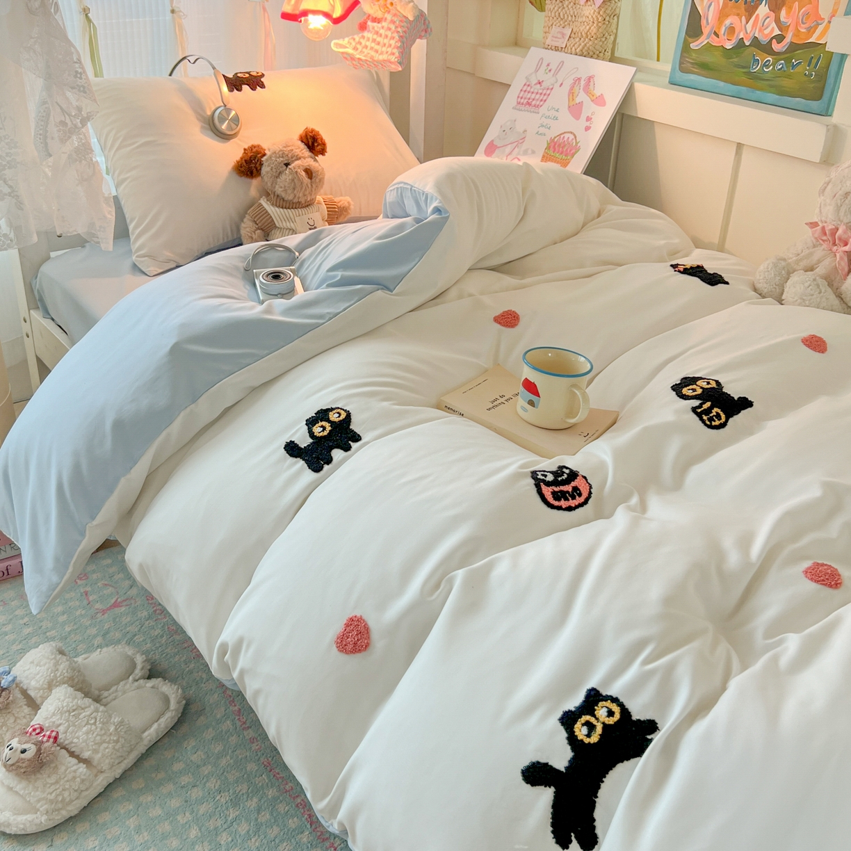 91家纺网 家纺一手货源 找家纺 韩巢家纺 2025新款学生宿舍寝室上下铺水洗棉毛巾绣被套床单三四件套-幸运猫 幸运猫白蓝