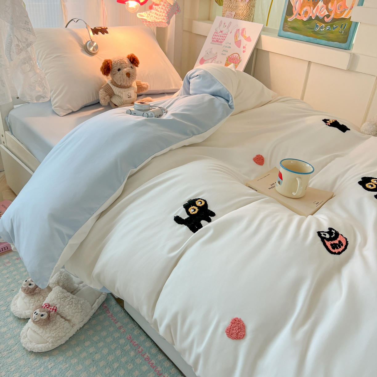 91家纺网 家纺一手货源 找家纺 韩巢家纺 2025新款学生宿舍寝室上下铺水洗棉毛巾绣被套床单三四件套-幸运猫 幸运猫白蓝