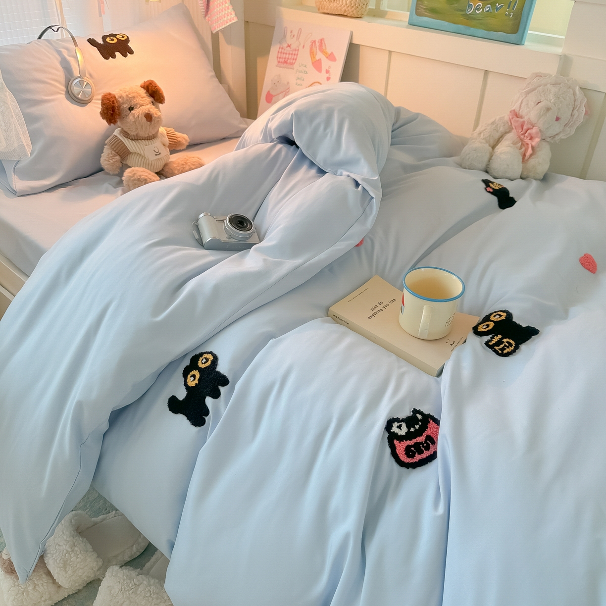 91家纺网 家纺一手货源 找家纺 （总）韩巢家纺 2025新款学生宿舍寝室上下铺水洗棉毛巾绣被套床单三四件套-幸运猫