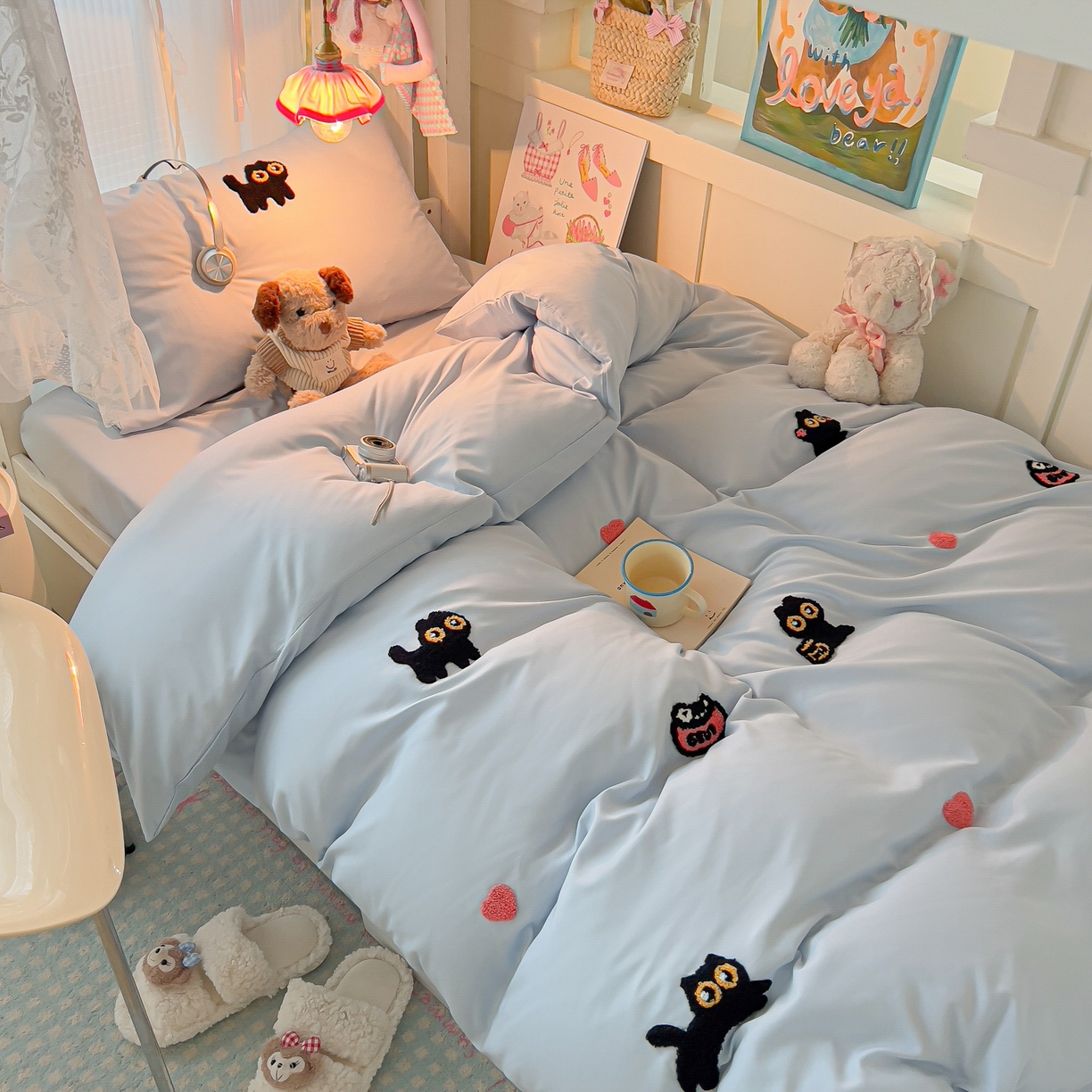 91家纺网 家纺一手货源 找家纺 （总）韩巢家纺 2025新款学生宿舍寝室上下铺水洗棉毛巾绣被套床单三四件套-幸运猫