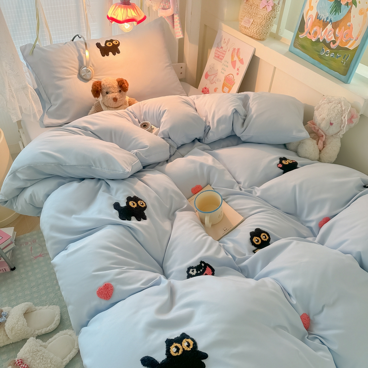 91家纺网 家纺一手货源 找家纺 （总）韩巢家纺 2025新款学生宿舍寝室上下铺水洗棉毛巾绣被套床单三四件套-幸运猫