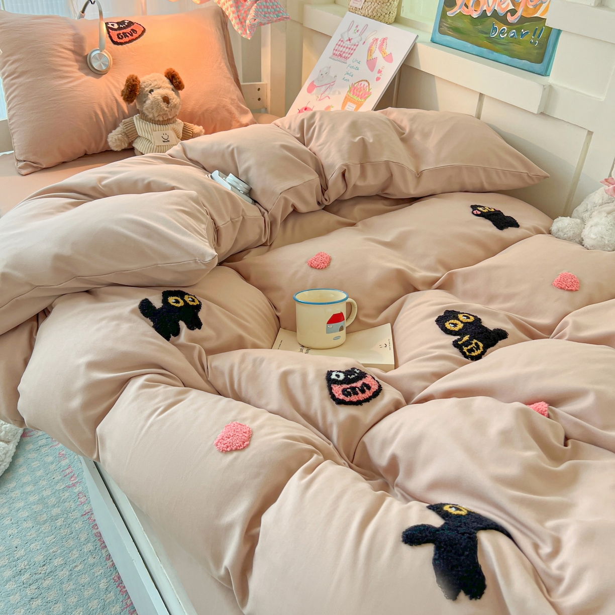 91家纺网 家纺一手货源 找家纺 （总）韩巢家纺 2025新款学生宿舍寝室上下铺水洗棉毛巾绣被套床单三四件套-幸运猫