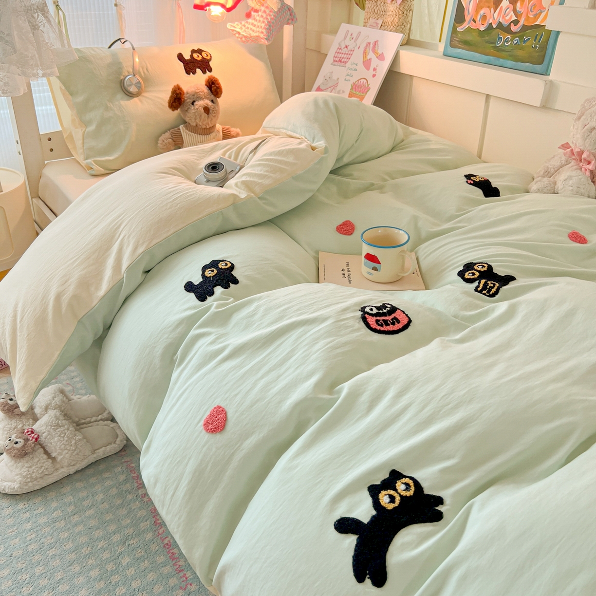 91家纺网 家纺一手货源 找家纺 韩巢家纺 2025新款学生宿舍寝室上下铺水洗棉毛巾绣被套床单三四件套-幸运猫 幸运猫浅绿黄