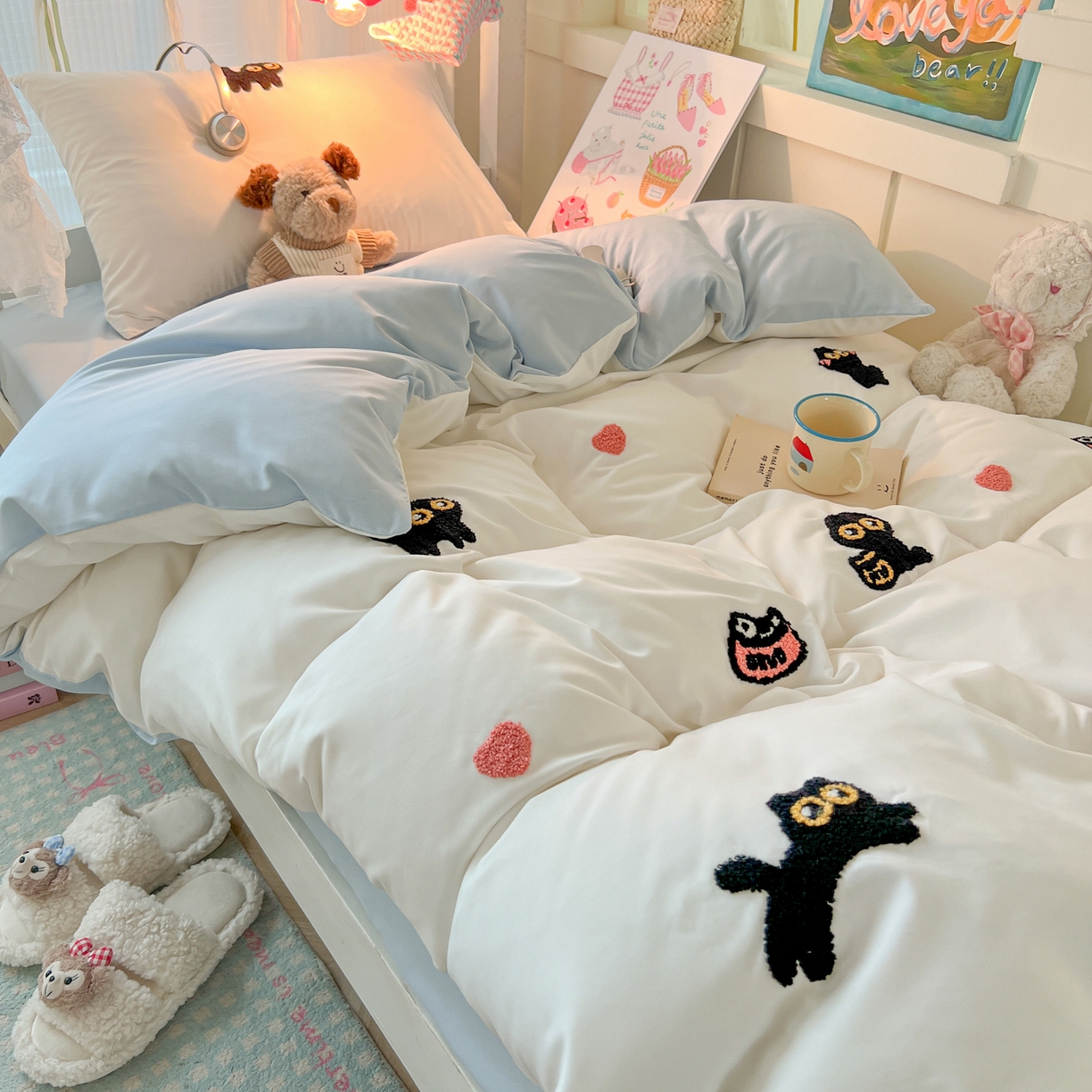 韩巢家纺 2025新款学生宿舍寝室上下铺水洗棉毛巾绣被套床单三四件套-幸运猫 幸运猫白蓝
