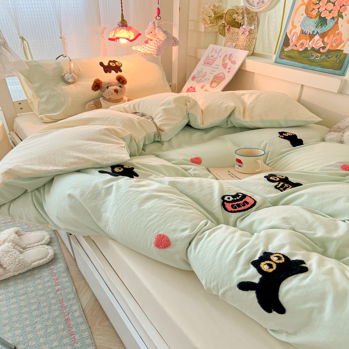 91家纺网 家纺一手货源 找家纺 韩巢家纺 2025新款学生宿舍寝室上下铺水洗棉毛巾绣被套床单三四件套-幸运猫 幸运猫浅绿黄