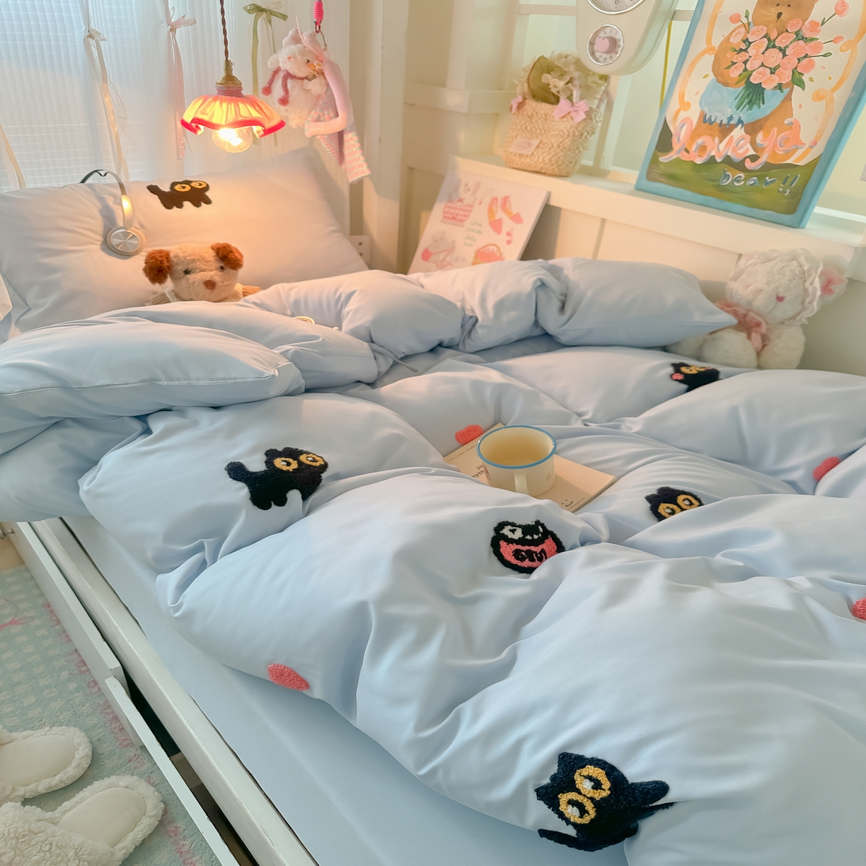 91家纺网 家纺一手货源 找家纺 韩巢家纺 2025新款学生宿舍寝室上下铺水洗棉毛巾绣被套床单三四件套-幸运猫 幸运猫浅蓝