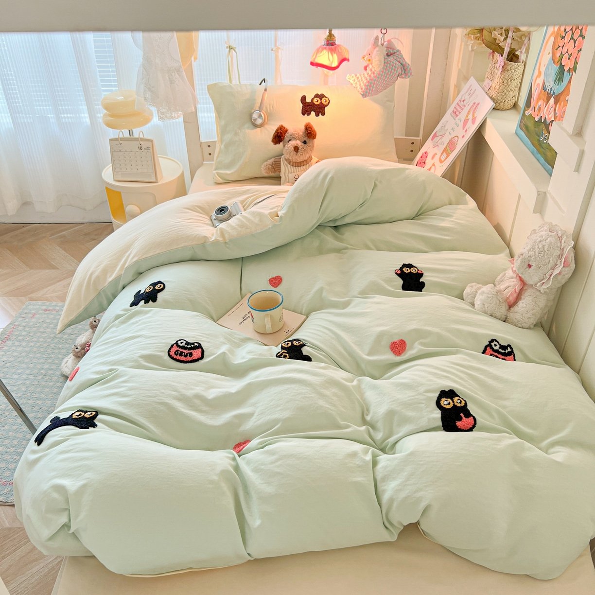 91家纺网 家纺一手货源 找家纺 韩巢家纺 2025新款学生宿舍寝室上下铺水洗棉毛巾绣被套床单三四件套-幸运猫 幸运猫浅绿黄